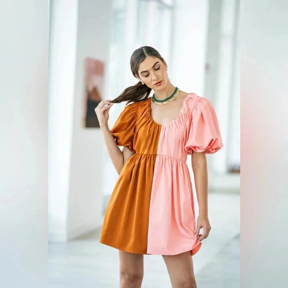NWT Crosby by Mollie Burch Raines Dress Colorblock Mini Dress Salmon Clay sz xs - Picture 1 of 16